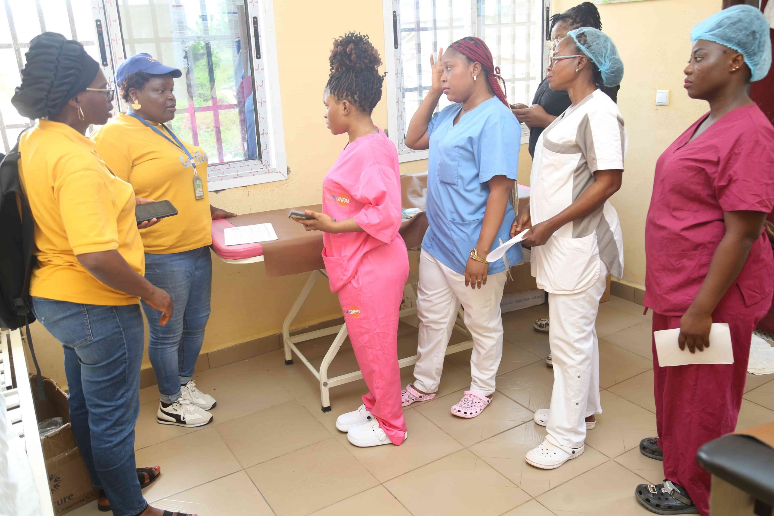 The M&E team with the SRH focal person for the SW Regionat Delegation of Public Health assessing the maternity services at Mamfe District Health Center